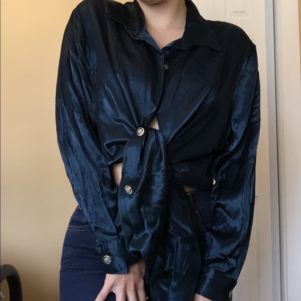 Vintage Deep Turquoise Silky Button Down Top